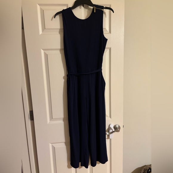 Women’s M Navy Blue Cropped Length Michael Kors Jumpsuit w Waist Tie and Pockets - Picture 2 of 7